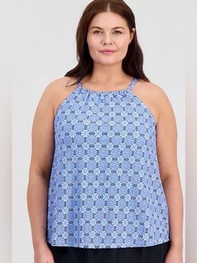 NWT island escape Macy’s tankini halter swim top blue white sz 16 underwire